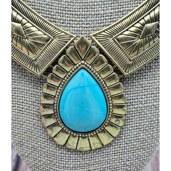 NWOT Gold Tone & Faux Turquoise Teardrop Bib Collar Necklace Southwestern 22" - Picture 8 of 10